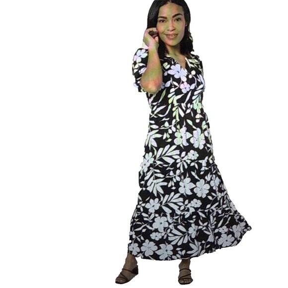 Passport Susan Graver Floral Maxi Dress Large Black White LP Petite Large - Picture 1 of 4